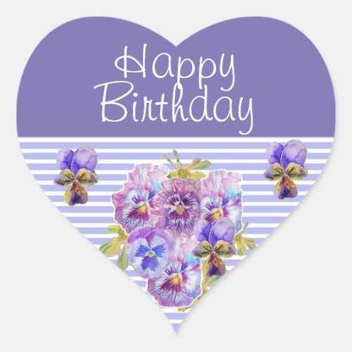 Pansy Flower Purple Stripe floral Happy Birthday  Heart Sticker
