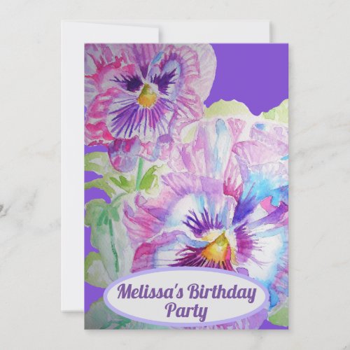 Pansy Flowers Birthday Childs Girls Purple floral Invitation