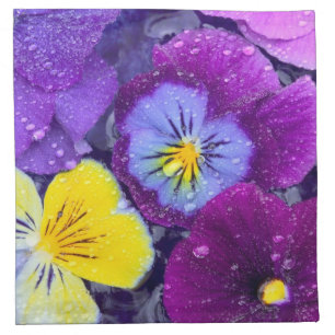 Pansy flowers floating in bird bath with dew 2 napkin