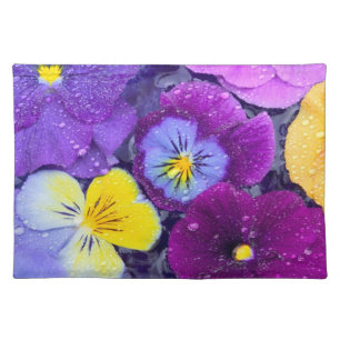 Pansy flowers floating in bird bath with dew 2 placemat