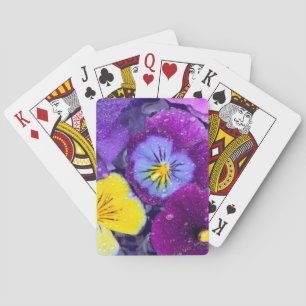 Pansy flowers floating in bird bath with dew 2 poker cards