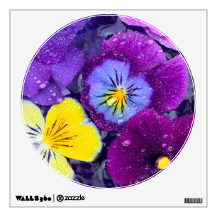 Pansy flowers floating in bird bath with dew 2 wall decal