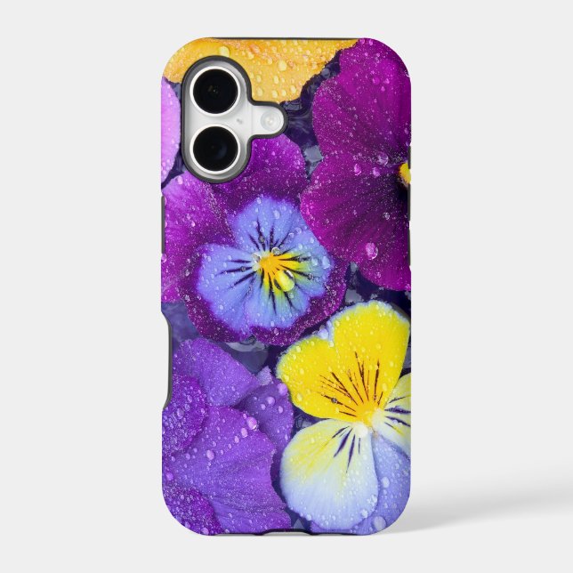 Pansy flowers floating in bird bath with dew iphone case (Back)