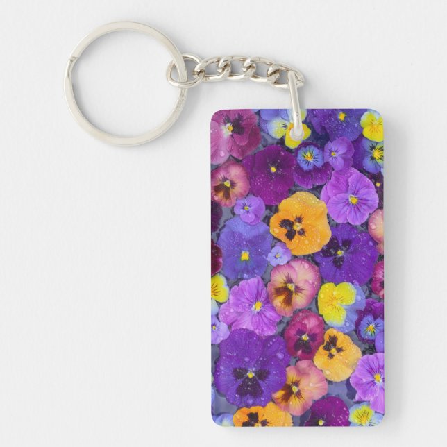 Pansy flowers floating in bird bath with dew keychain (Front)