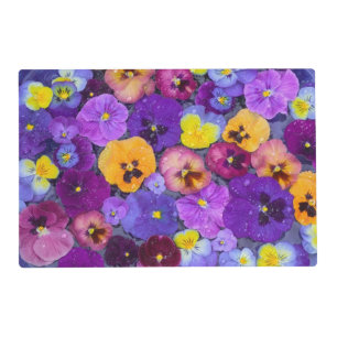 Pansy flowers floating in bird bath with dew placemat