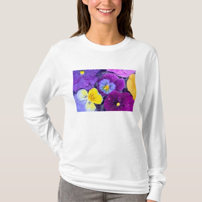 Pansy flowers floating in bird bath with dew T-Shirt (Front)