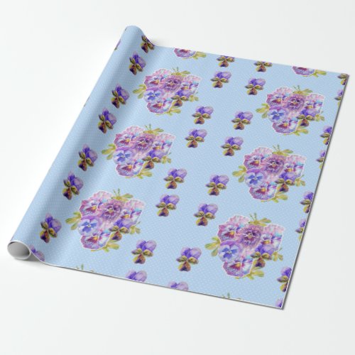 Pansy flowers floral Shabby Chic Blue Wrapping Wrapping Paper