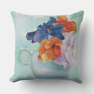 PANSY FLOWERS IN A TEACUP PATIO OUTDOOR PILLOW