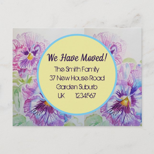 Pansy Flowers New Address Postcard, We Are Moving  Postcard (Front)