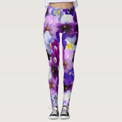 Pansy Flowers Purple Violet and Blue Leggings
