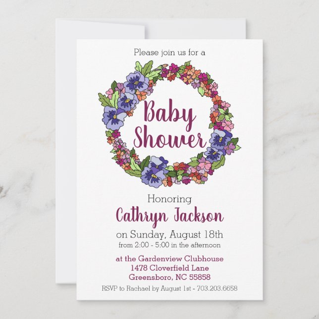 Pansy Impatiens Wreath Purple and Pink Baby Shower Invitation (Front)