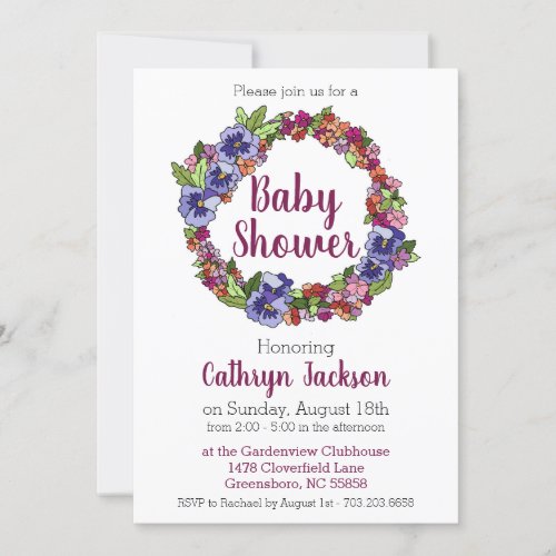 Pansy Impatiens Wreath Purple and Pink Baby Shower Invitation