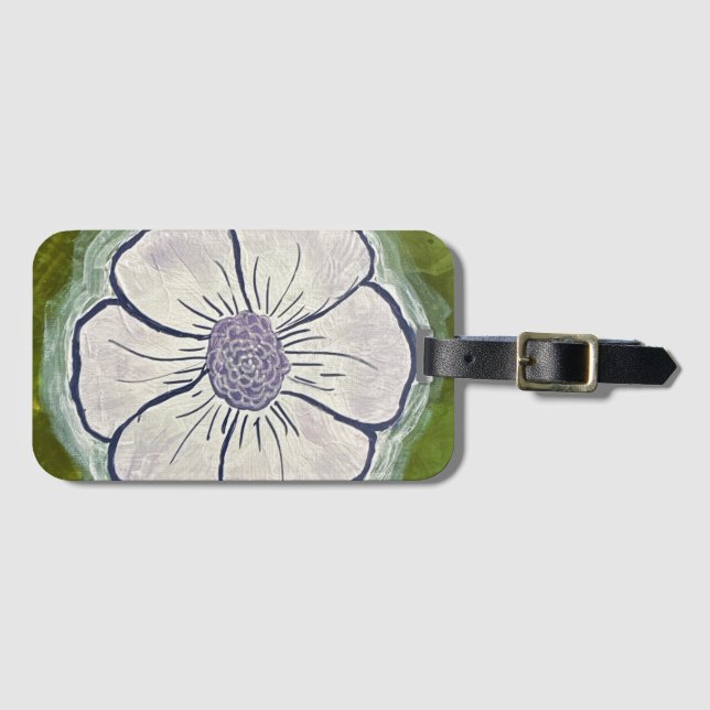Pansy luggage tag in white & purple (Front Horizontal)