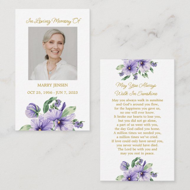 Pansy Memorial Photo Funeral Prayer Card (Front/Back)