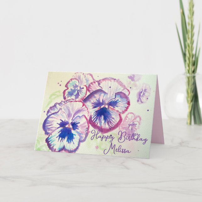 Pansy Panies Purple Flowers Floral Watercolor Name Card (Front)