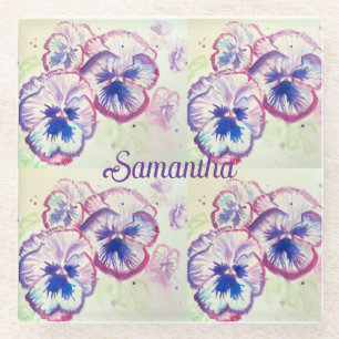 Pansy Panies Purple Flowers Floral Watercolor Name Glass Coaster