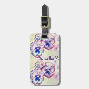 Pansy Panies Purple Flowers Floral Watercolor Name Luggage Tag