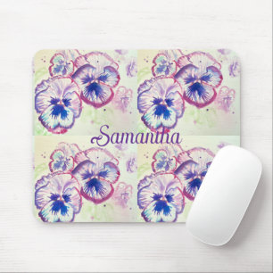 Pansy Panies Purple Flowers Floral Watercolor Name Mouse Pad