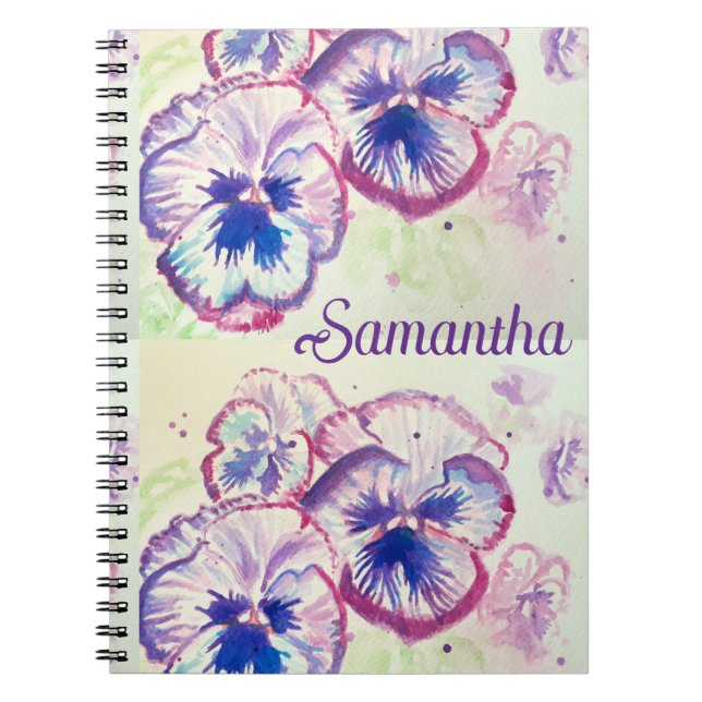 Pansy Panies Purple Flowers Floral Watercolor Name Notebook (Front)