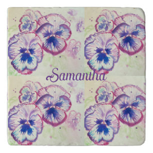 Pansy Panies Purple Flowers Floral Watercolor Name Trivet