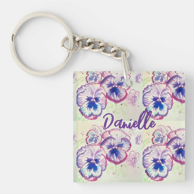 Pansy Pansies Purple Flower Floral Pink Keychain (Front)