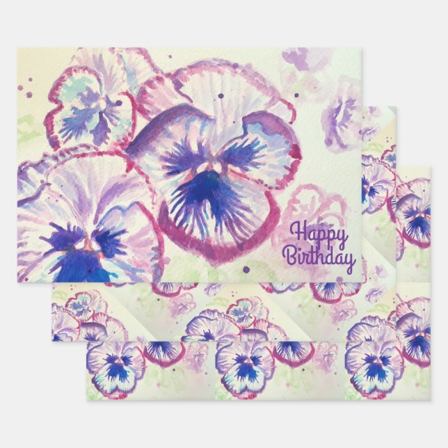 Pansy Pansies Purple Flower Floral Pink Wrapping Paper Sheets (Set)
