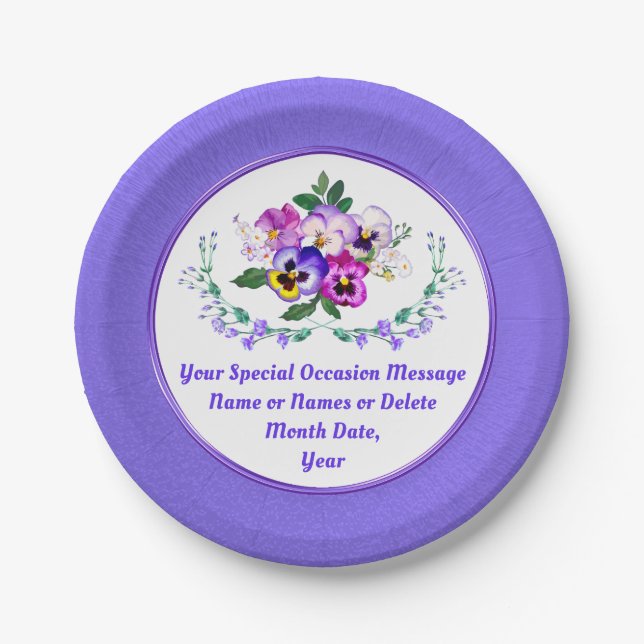 Pansy Paper Plates. Birthday, Wedding, Anniversary Paper Plates (Front)