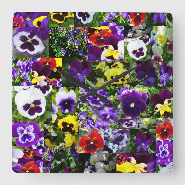 Pansy Photo Collage: Kaleidoscope of Floral Beauty Square Wall Clock (Front)