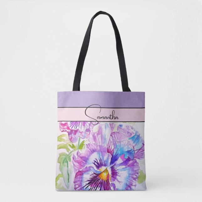 Pansy Pink Watercolor Pansies floral Flower Tote Bag (Front)