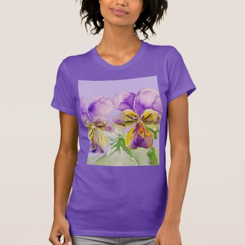 Pansy Purple Violas viola floral Watercolor Flower T_Shirt