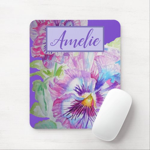 Pansy Purple Watercolor Pretty Floral Flower Mouse Pad