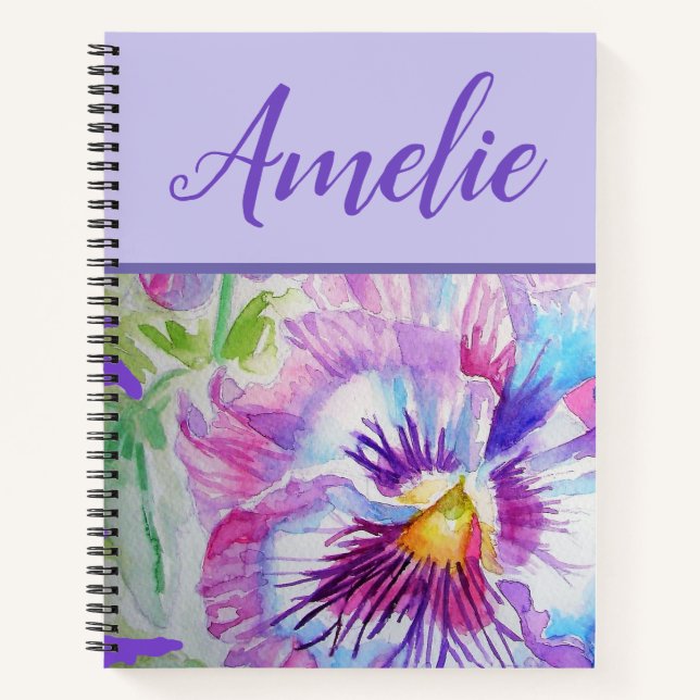 Pansy Purple Watercolor Pretty Floral Flower Notebook (Front)