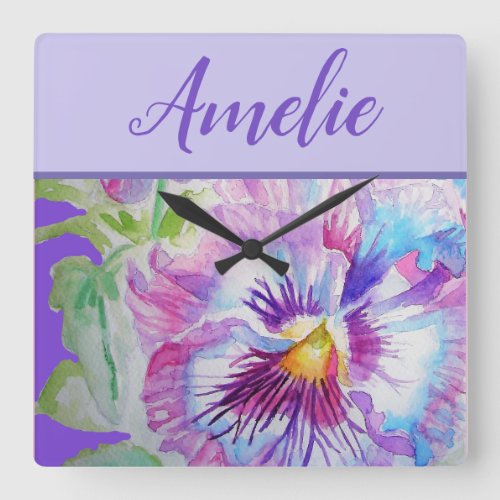 Pansy Purple Watercolor Pretty Floral Flower Square Wall Clock