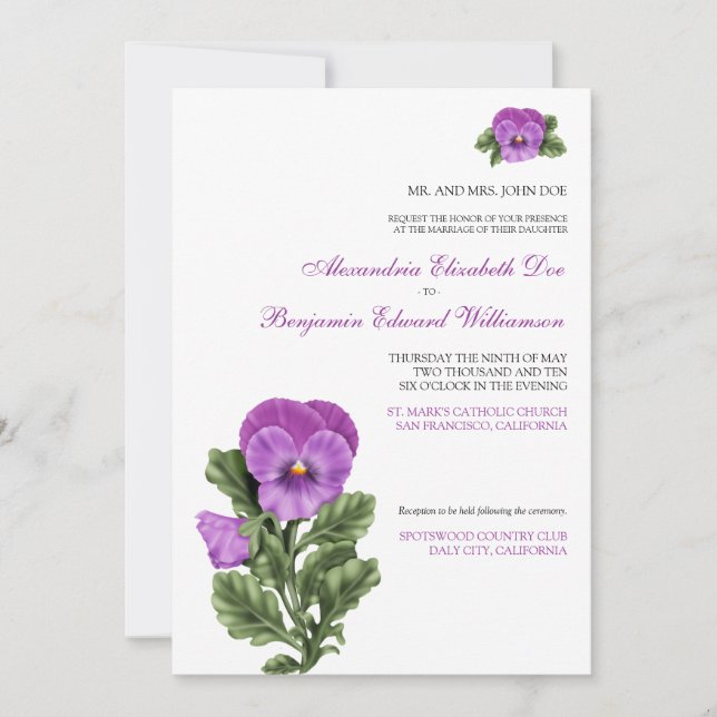 Pansy Spring Floral Formal Wedding Invitation (Front)