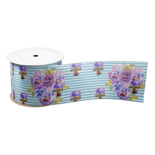 Pansy Watercolor Baby Blue Shabby Pretty floral Satin Ribbon