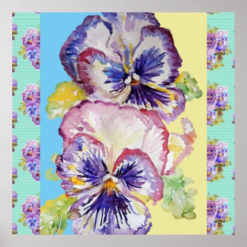 Pansy Watercolor Flower Painting Aqua Poster