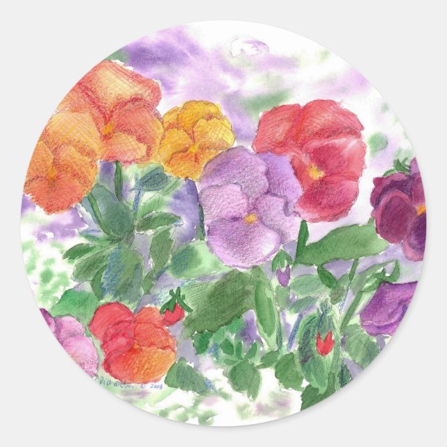 Pansy Watercolor Flowers Rainbow Colors Classic Round Sticker (Front)