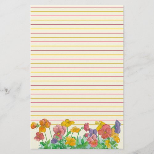 Pansy Watercolor Flowers Red Yellow Lined Stationery
