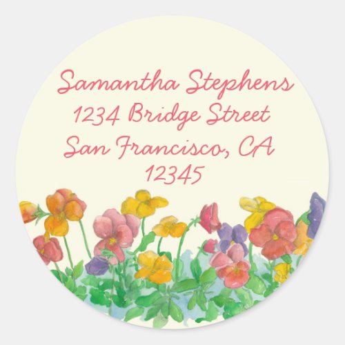 Pansy Watercolor Flowers Return Address Classic Round Sticker