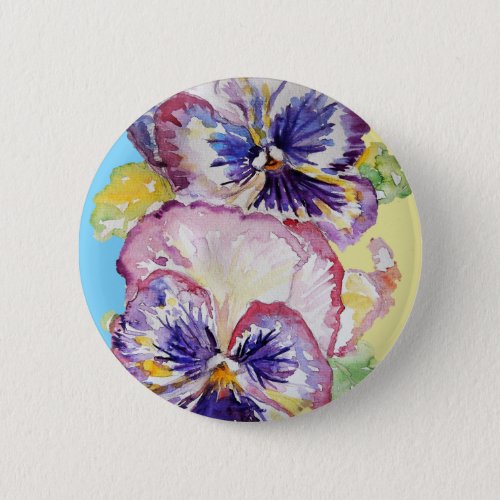 Pansy Watercolor Pattern on Pink and Pale Yellow Button