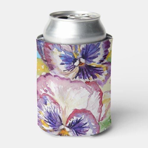 Pansy Watercolor Pattern on Pink and Pale Yellow Can Cooler