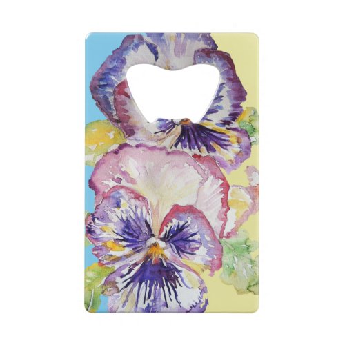 Pansy Watercolor Pattern on Pink and Pale Yellow Credit Card Bottle Opener