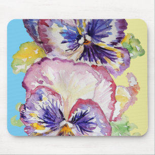 Pansy Watercolor Pattern on Pink and Pale Yellow Mouse Pad