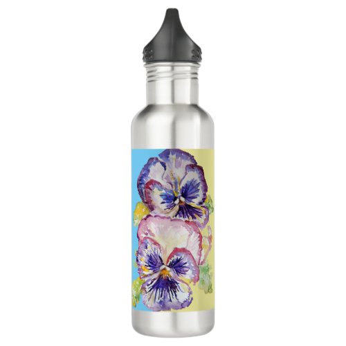 Pansy Watercolor Pattern on Pink and Pale Yellow Stainless Steel Water Bottle