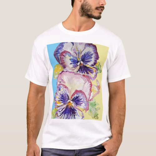 Pansy Watercolor Pattern on Pink and Pale Yellow T_Shirt