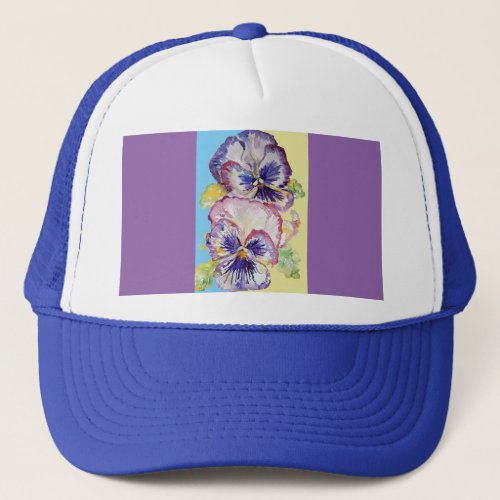 Pansy Watercolor Pattern on Pink and Pale Yellow Trucker Hat