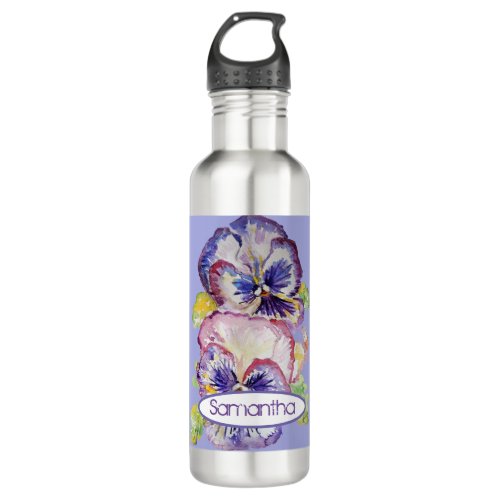 Pansy Watercolor Pattern on Pink Lavender Purple Stainless Steel Water Bottle