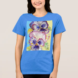Pansy Watercolor Pattern on Pink Yellow Blue Tri-Blend Shirt