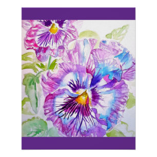 Pansy Watercolor Pattern on Purple Blue Pansies Poster