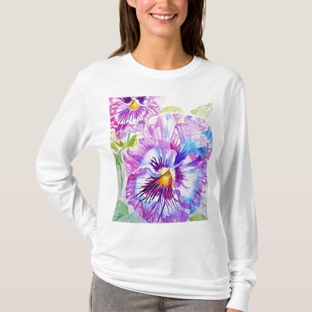 Pansy Watercolor Pattern on Purple Blue Pansies T-Shirt (Front)